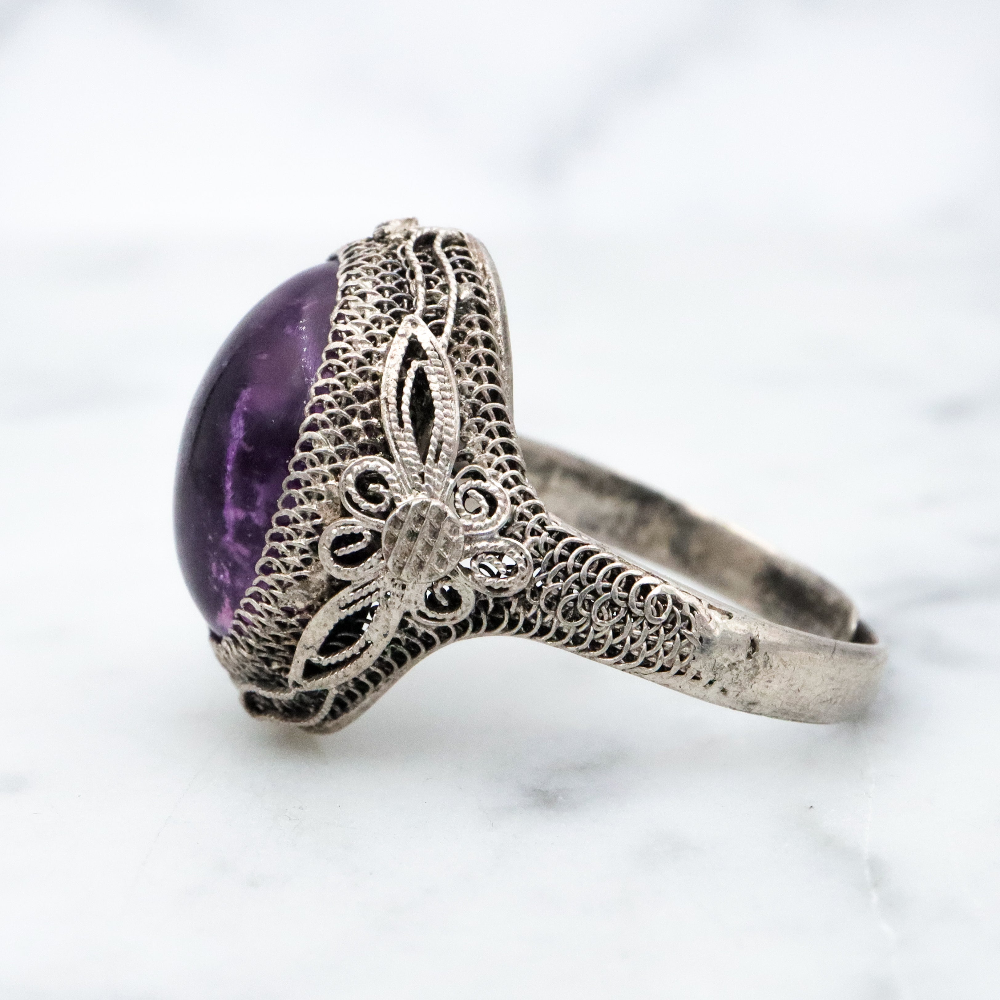 Antique Chinese silver filigree amethyst ring, size 7 adjustable